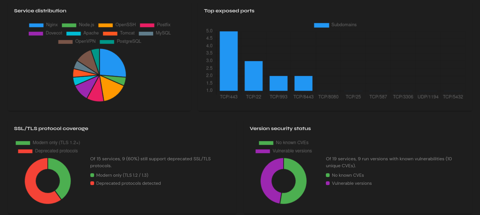 Domain Checkup analytics — service distribution, top exposed ports, SSL/TLS coverage, and version security status